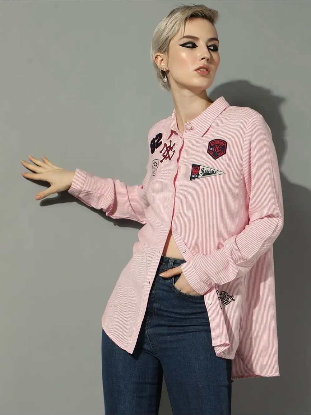 SUPERDRY Women's Frankie Pink & White Striped Shirt w/ Patches XS Preppy College